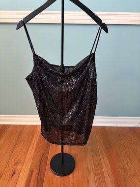 Ann Taylor Black Sequin Spaghetti Strap Cowl Tank